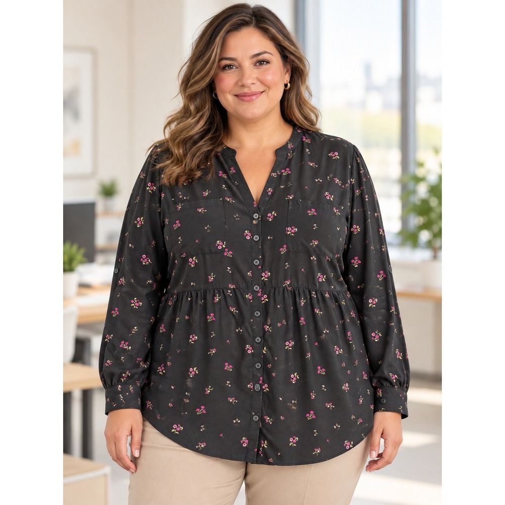 Torrid Floral Babydoll Tunic Womens 2X Charcoal Pink Long Sleeve Button Front